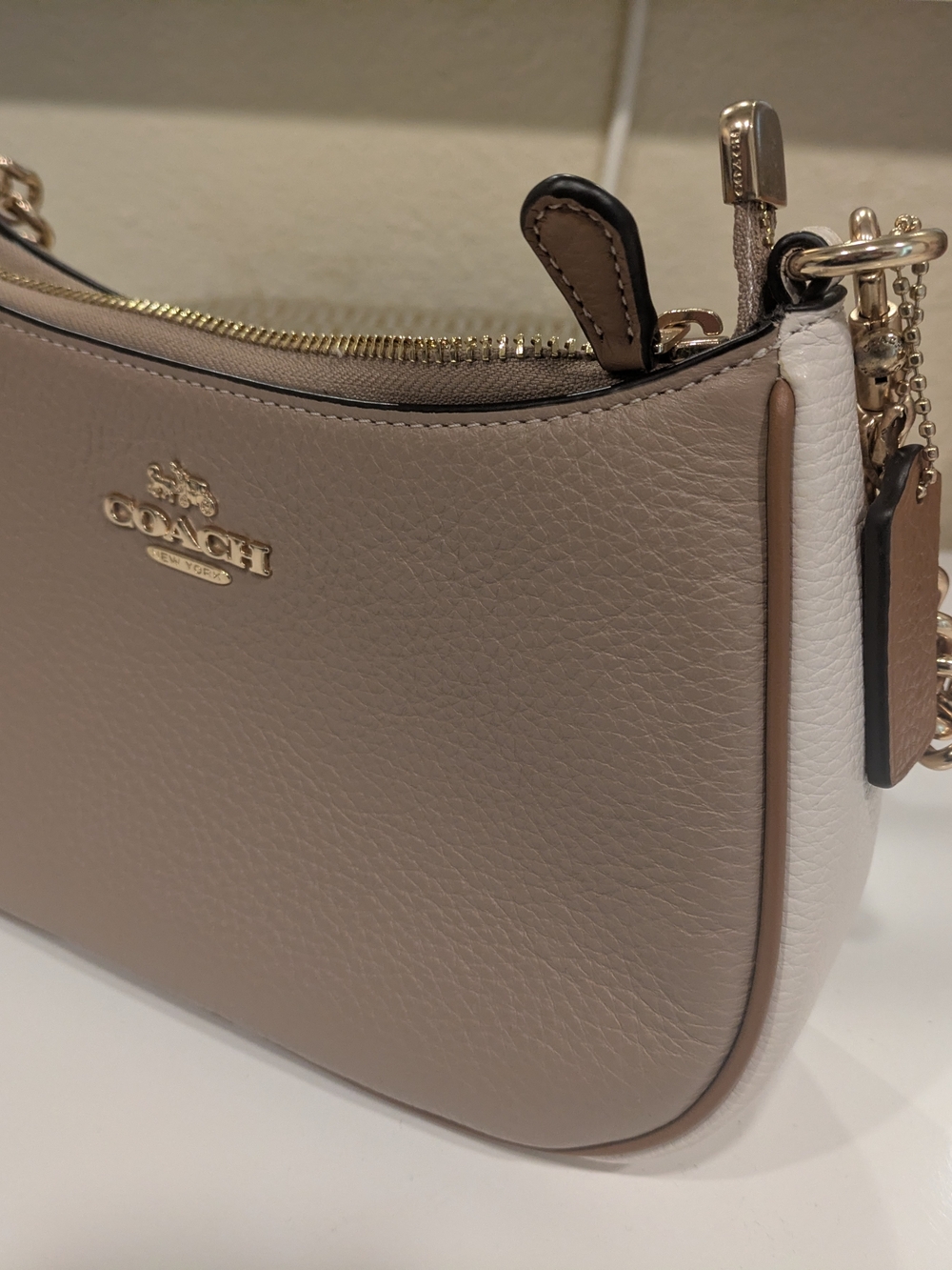 Coach Pebbled Leather Shoulder Bag in Taupe and White